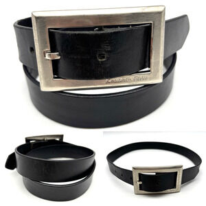 Vintage Kenneth Cole Black Full Grain Leather Large Logo Buckle Belt S 26-30"